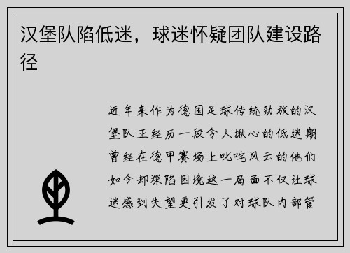 汉堡队陷低迷，球迷怀疑团队建设路径