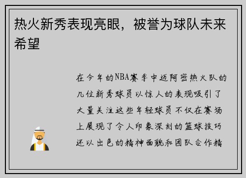 热火新秀表现亮眼，被誉为球队未来希望