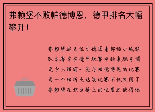弗赖堡不败帕德博恩，德甲排名大幅攀升！